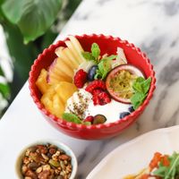 Vegan yogurt with fresh fruit at Manjerica in Lisbon