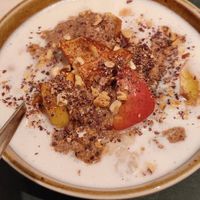 Oatmeal w apple and hazelnut butter at Pom & Flora in Stockholm