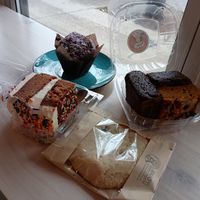 Ube muffin, confetti cake, chocolate chip cookie, and brownie box at Mindful Baking Kitchen & Cafe in Chicago