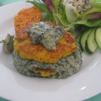 Black eyed bean pancakes with creamy kale and coconut (vegan) at Spinacio's in St Ives