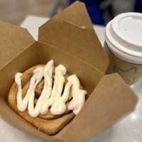 Cinnamon bun and hot chocolate   at Bonus Bakery in Vancouver