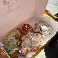 Almond Croissant, Pistachio Croissant, PB+J mini bite, Blueberry Scone at Bonus Bakery in Vancouver