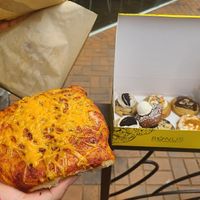 Pizza pretzel at Bonus Bakery in Vancouver