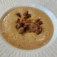 Porcini mushrooms and peach on foam at Antonio Chiodi Latini in Turin