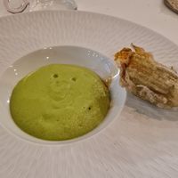 Courgette velouté with battered and stuffed courgette flowers at Antonio Chiodi Latini in Turin