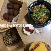 Falafels, dolmas, za’tar pies, and red lentil soup at FEZ in Mamaroneck