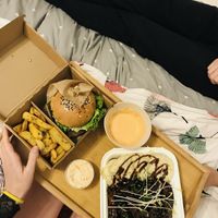 burger with fries, coleslaw, vegan duck with cabbage at Vegan Pub in Bratislava