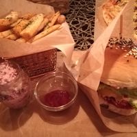 California Burger with fries and beetroot salad  at Vegan Pub in Bratislava