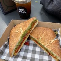 My toastie the Sucker Punch ( Gouda cheese, salami, semi dried tomato, olives, pesto )  at Little Mylkbar in Parkville