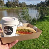 Suckerpunch and almond milk coffee near the river at Little Mylkbar in Parkville