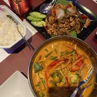 Red coconut curry vegan! ( banana leaf dish above is not vegan)  at Siri Thai in Mechelen