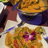 Delicious creamy red curry with coconut, vegetables and rice  at Siri Thai in Mechelen