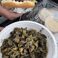 Canned collard greens and the Cajun burger at Soul Food Vegan in Houston
