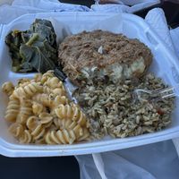 Platter: collard greens, cauliflower steak, dirty rice, mac n cheese   at Soul Food Vegan in Houston