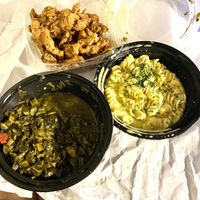 Fried mushrooms, Mac and cheese, collard greens  at Soul Food Vegan in Houston