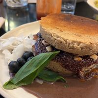 Vegan blueberry pancakes  at Nola Kitchen in Porto