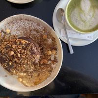 Chocolate pancakes and matcha latte  at Nola Kitchen in Porto