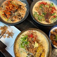 All three vegan bowls: 
GKO (Garlic Knockout; top left), Tantanmen (top right), Miso (below) at Mensho Tokyo in San Francisco