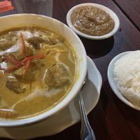 Yellow curry w mock duck; side of peanut sauce  at Raan Thai in Smithtown