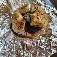 Beet lox bagel at Familiars in Brooklyn