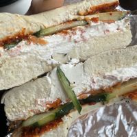 Kimchi bagel sandwich—so good!  at Familiars in Brooklyn