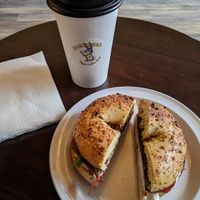 Fancy fig bagel sandwich and a large pumpkin spice latte! at Familiars in Brooklyn