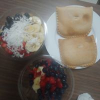 Veggie patty, spinach patty, fruit cup, and pitaya bowl no honey at Nips Juice House in Waldorf