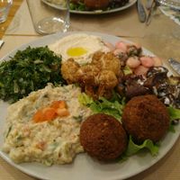 Vegan platter with falafels, taboulé, hummus, roasted cauliflower, eggplant and more at Le Libanais de Montrouge in Montrouge
