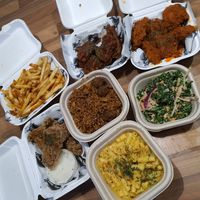 Fries, bbq chick, buffalo chick, oyster mushrooms, jambalaya, kale slaw and mac n cheeze at Dirty Kitch in Coventry