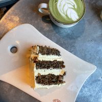 Vegan carrot cake and vegan matcha latte ( + coconut milk )   at Le Pain Quotidien - Spring Souk in Dubai