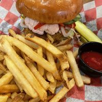 Veggie burger minus aioli to make vegan  at Sea Dog Brewing Co in Camden