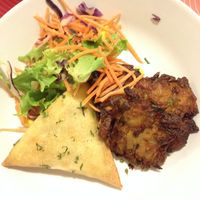 Onion bhaji and vegetable samosa with a small salad on the side at Shree Ram in Lisbon