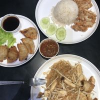 Gyoza, pad Thai and another dish with some fried mushroom stuff.  at Talalaks Emporium Food Hall in Bangkok