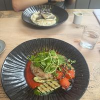 Risotto cake (wasn’t on the menu but chef prepared after asking for vegan) had soup and mushrooms on toast too  at Wolfscastle Country Hotel in Haverfordwest