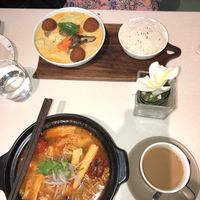 Curry with coconut rice, Tom yum with rice noodles and delicious white coffee!  at BMS Organics - Nanjing East in Shanghai