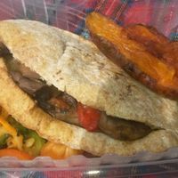 Veg stir fry pitta with sweet potato sides at REfUSE Café in Chester-le-street