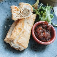 Vegan sausage roll & chutney at The Broadway Hotel in Broadway