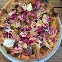 Sexy truffle mushroom pizza $29.00: very good, crisp base and bubbly crust, but a heap of bitter raddichio on top at A25 Pizzeria in South Yarra