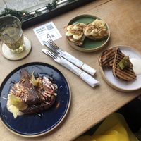 French toast, toast peanut butter banana, croque pulled mushrooms (all vegan) & fennel tea  at Tinsel in Antwerpen