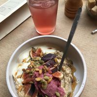 Overnight oats with cardamom, figs, soy yoghurt, beetroot almond butter at Tinsel in Antwerpen