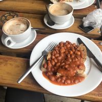 Soy cappuccino with beans on toast 👌 at The Drop Off in Bury