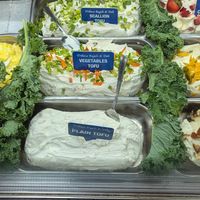 Vegan cream cheese choices. Ask for the tofu olives option and they'll put green olives on your bagel. at Tribeca Bagels in New York City