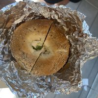 sesame bagel with veggie tofu cream cheesee  at Tribeca Bagels in New York City