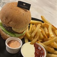Cheese burger with fries  at Veganerie - Silom in Bangkok