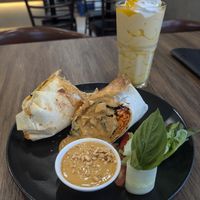 Tofu satay wrap with mango smoothie at Veganerie - Silom in Bangkok