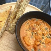 Cheeze toastie & tomato soupp which  at Veganerie - Silom in Bangkok