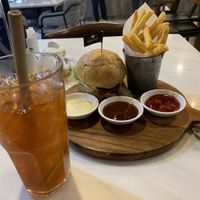 Vegan bacon burger(you can choose fries, sweet potato or salad as a side dish) and iced lime tea. Bamboo straw was just 25BATH!  at Veganerie - Silom in Bangkok