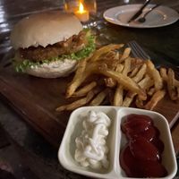 Vegan chickpea burger with thempeh bacon  at Bravo Restaurant in Siargao