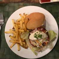 Vegan burger and fries  at Bravo Restaurant in Siargao