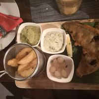 Vegan Fish (banana flower) and Chips w mashed peas and cashew tartar. We loved it. at Barracuda Restaurant at Darawan - Maybe closed in Koh Tao